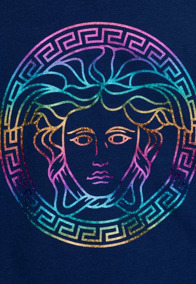 Navy t-shirt featuring a colorful graphic of Medusa within a decorative Greek key border, highlighting intricate facial details and flowing hair.