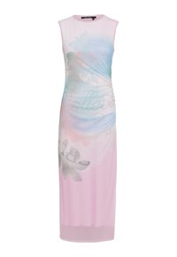 Ärmelloses Kleid aus softem pinken Stoff mit einem Farbverlauf. Es hat einen Blumenprint und seitliche Raffung, ist knielang mit einem durchsichtigen Saum.