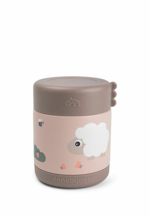 Child's insulated food container with a taupe lid, beige body featuring a cartoon sheep, bee, berries, and "donebydeer" branding.