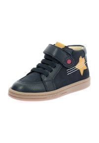 Sneaker alta in pelle blu navy con suola in gomma beige, dotata di una fascia in velcro, lacci blu e un accento a forma di stella gialla.