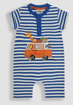 Gestreepte blauwe en witte korte rompert met een oranje geborduurd voertuig met dieren, ronde halslijn en korte mouwen. Knopen aan de voorkant.
