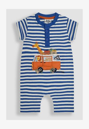 Saspringts zils un balts īsais kombinezons ar oranžu izšūtu transportlīdzekli un dzīvniekiem, apaļa izgriezuma kakla daļa un īsas piedurknes. Pogas priekšā.