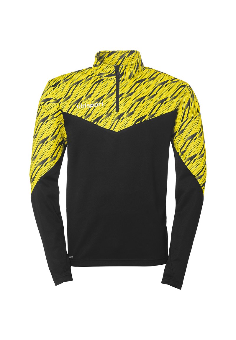 Sort langærmet sports-pullover med et gult og sort stribet mønster over skuldrene og nakken. Har en høj krave og en kvart lynlås.