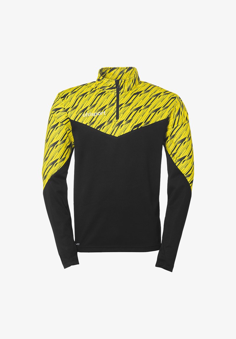 Sort langærmet sports-pullover med et gult og sort stribet mønster over skuldrene og nakken. Har en høj krave og en kvart lynlås.