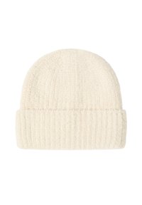 Berretto lavorato a maglia morbidissimo di colore bianco sporco, con risvolto, caratterizzato da una texture a costine.