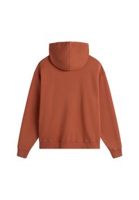 Haut à capuche couleur rouille avec une grande capuche, des poignets et un ourlet côtelés. Fabriqué en tissu doux, présentant un design simple sans motifs.