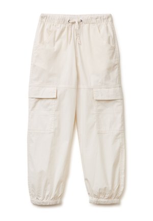 Beige Cargohose mit elastischem Bund und Bündchen, Kordelzug, Seitentaschen und großen Klappentaschen an den Oberschenkeln.