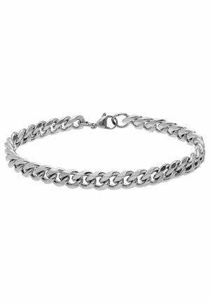Zilveren curb schakelarmband met dikke, in elkaar grijpende schakels en een karabijnsluiting, getoond op een effen witte achtergrond.