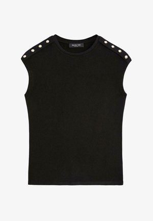 Zwart mouwloos topje met ronde hals en zes gouden decoratieve knopen langs elke schouder, label zichtbaar bij de halslijn.