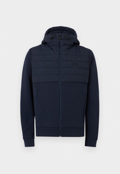 Μπλε ναυτικού φούτερ με φερμουάρ, με επένδυση στο πάνω μέρος του στήθους με καπιτονέ σχέδιο και ρυθμιζόμενο καπέλο με κορδόνια, διαθέτει δύο πλευρικές τσέπες με φερμουάρ.