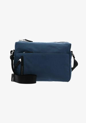 Sac bandoulière rectangulaire bleu avec poche avant zippée, sangle d'épaule noire réglable et tirettes de fermeture éclair argentées sur fond blanc.