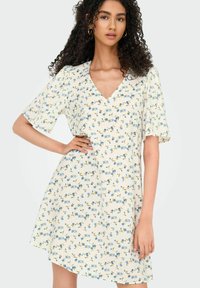 Robe à manches courtes fleurie en crème avec un décolleté en V, ornée de motifs de roses bleues, silhouette décontractée et ourlet légèrement évasé.