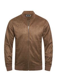 Braune Bomberjacke aus weichem Wildleder-ähnlichem Material. Sie verfügt über einen Frontreißverschluss, gerippte Bündchen und einen Saum, sowie seitliche Taschen.