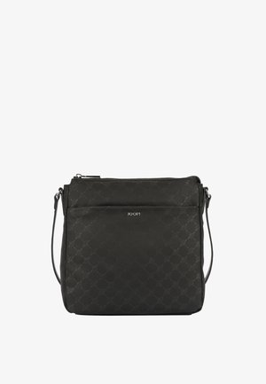 Borsa a tracolla nera realizzata in materiale testurizzato, con chiusura a zip, tasca frontale e sottile dettaglio del logo al centro.