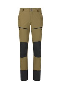 Pantalons de plein air vert olive avec panneaux de genoux noirs, taille élastique et poches zippées. Texture lisse, design fuselé pour plus de mobilité.