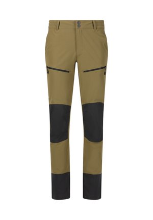 Pantalons de plein air vert olive avec panneaux de genoux noirs, taille élastique et poches zippées. Texture lisse, design fuselé pour plus de mobilité.