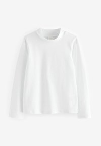 Langärmliges weißes Baumwoll-T-Shirt mit Rundhalsausschnitt. Verfügt über eine glatte Textur und einen geraden Saum, entworfen für lässige Trageweise.