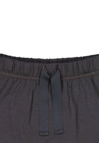 Tmavě šedý elastický pás se shromážděnou texturou a dvěma stahovacími šňůrkami. Hladký materiál, jednoduchý design, žádné další vzory nebo akcenty.