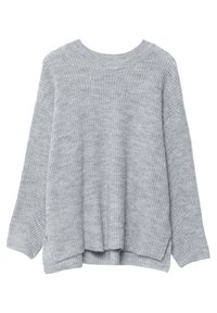 Light grey knitted pullover sweater with a relaxed fit, ribbed texture, wide sleeves, and side slits at the hem for ease of movement.