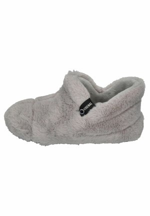Gray fuzzy slippers with a soft texture, rounded toe, and an open back design feature a branded label on the side.