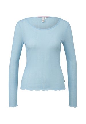 Hellblaues, langärmliges, geripptes Strickoberteil mit gewellten Kanten am Saum und an den Bündchen, figurbetonter Passform und rundem Ausschnitt.