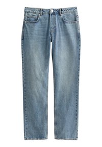 Jeans de mezclilla azul claro con diseño de pierna recta, cinco bolsillos y cierre de botón. La tela tiene una textura ligeramente desgastada.