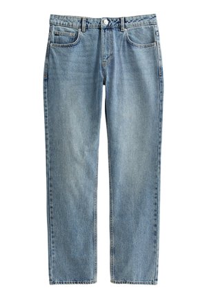 Lichtblauwe denim jeans met een straight-leg ontwerp, vijf zakken en een knoopsluiting. De stof heeft een licht vervaagde textuur.