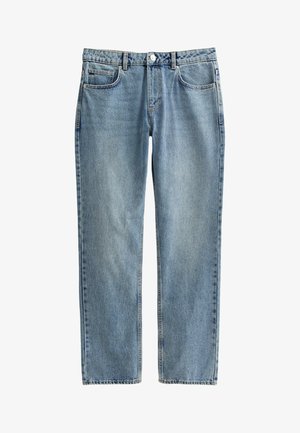 Lichtblauwe denim jeans met een straight-leg ontwerp, vijf zakken en een knoopsluiting. De stof heeft een licht vervaagde textuur.