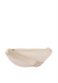 Riñonera beige con acabado texturizado, con cierre de cremallera y una correa ancha con el nombre de la marca "Bogner" en relieve.