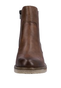 Brown leather ankle boot with textured panel, side zipper closure, and contrasting rubber sole. Features smooth and embossed surfaces.