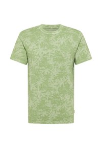 Kurzärmliges T-Shirt in Hellgrün mit einem strukturierten Blumenmuster. Aus weichem Stoff gefertigt, mit rundem Ausschnitt und lockerer Passform.