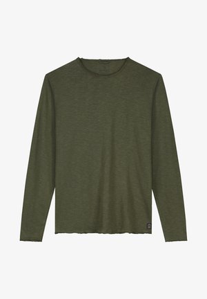 Majica s dolgimi rokavi v olivno zeleni barvi, izdelana iz mehke, teksturirane tkanine. Ima okroglo ovratnico in rob brez obdelave. Stranska oznaka na dnu.