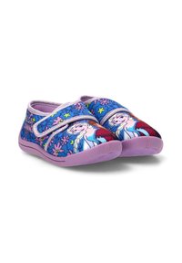 Zapatillas para niños en azul y morado con correas de velcro, decoradas con patrones florales y personajes de dibujos animados de Frozen.