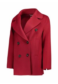 Rode dubbelbreasted pea coat met zwarte knopen, brede revers en twee verticale zijzakken, weergegeven op een effen witte achtergrond.