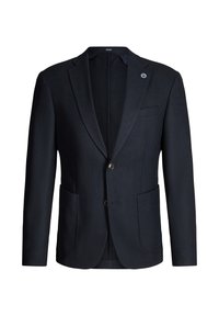 Blazer bleu marine foncé avec fermeture à un bouton, revers crantés, deux poches avant et une texture subtile. Intérieur doublé avec étiquette de marque visible.