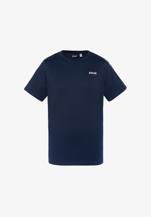 Granatowa bawełniana koszulka z okrągłym dekoltem, krótkimi rękawami i małym czerwonym logo "Schott" po lewej stronie klatki piersiowej. Gładka faktura.
