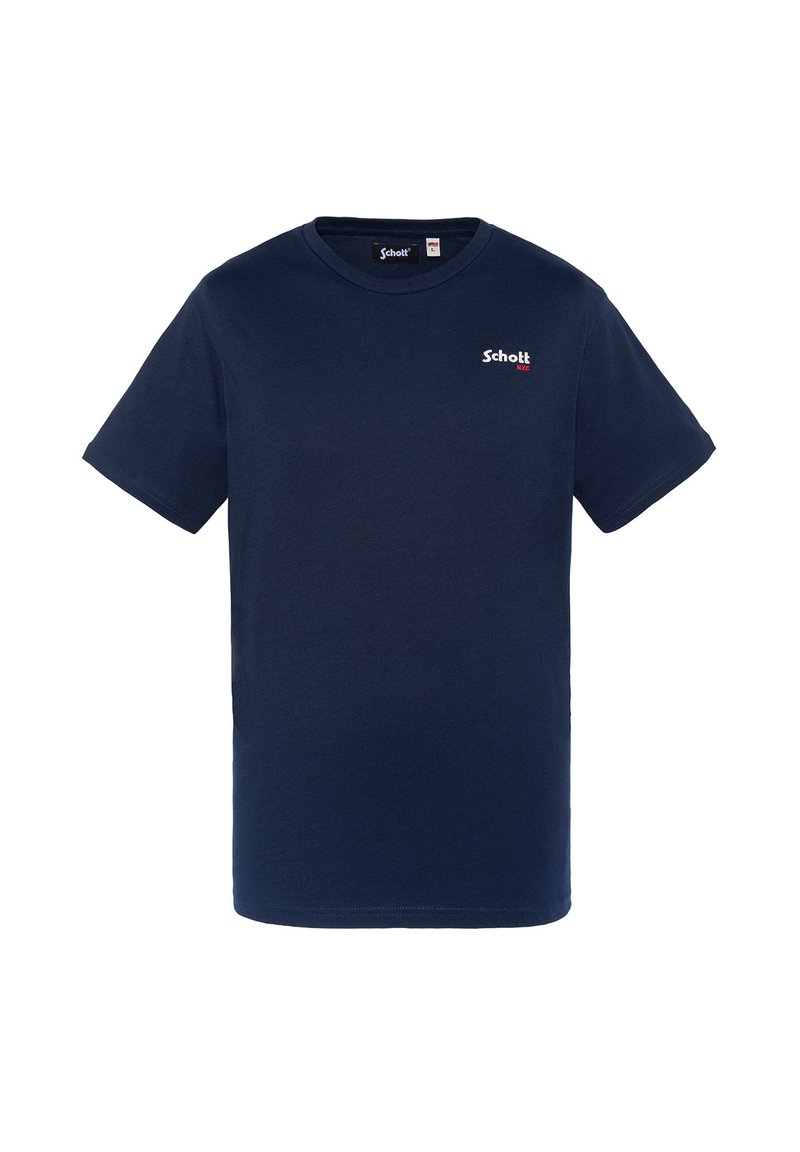 T-shirt en coton bleu marine avec un col rond, des manches courtes et un petit logo rouge "Schott" sur la poitrine gauche. Texture lisse.
