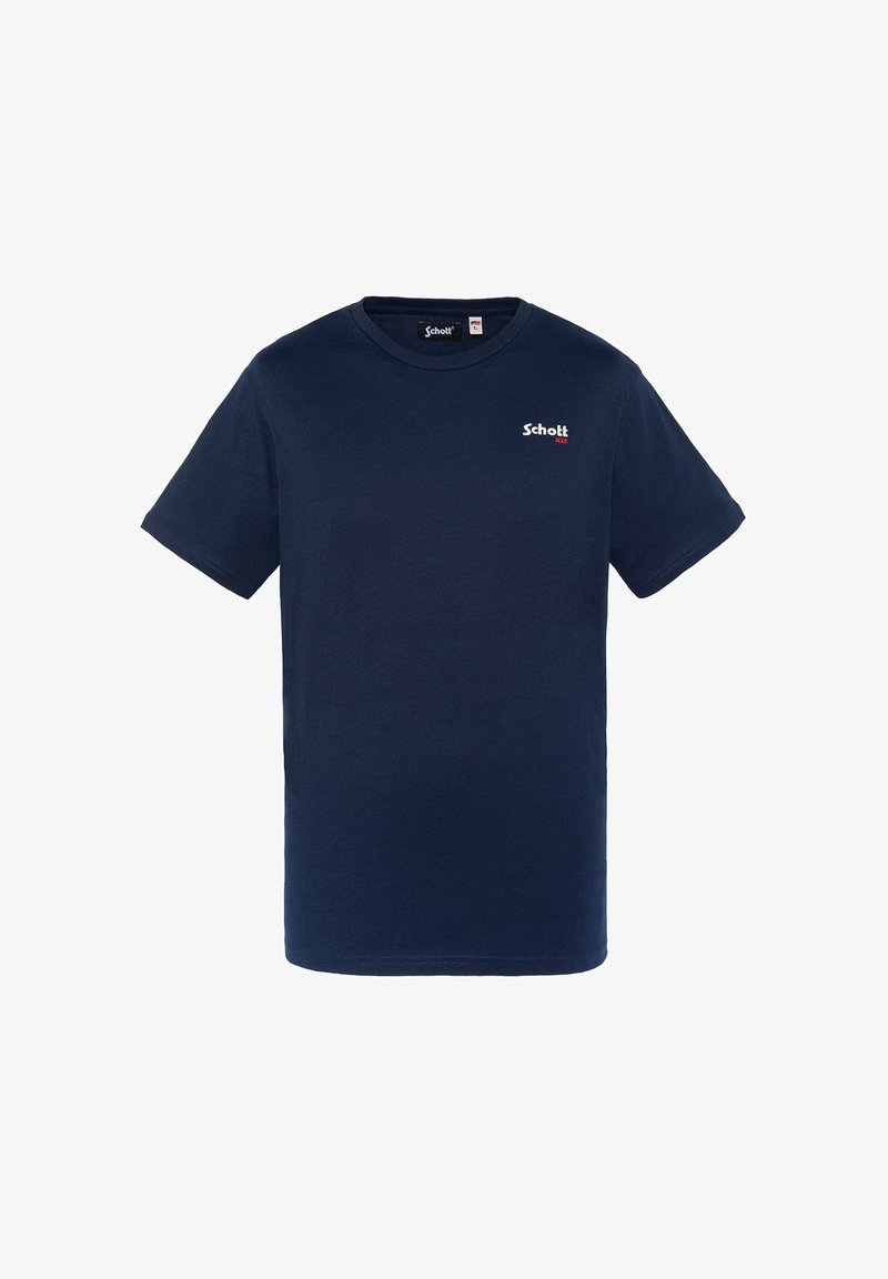 T-shirt en coton bleu marine avec un col rond, des manches courtes et un petit logo rouge "Schott" sur la poitrine gauche. Texture lisse.