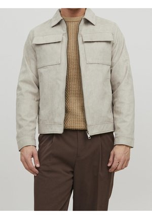 Uomo che indossa una giacca grigio chiaro con cerniera sopra un maglione beige lavorato a maglia e pantaloni marrone scuro, in piedi davanti a uno sfondo semplice.