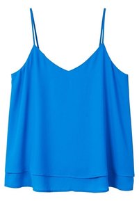 Haut sans manches bleu avec un col en V, fabriqué à partir d'un tissu lisse et léger. Il présente des bretelles ajustables et une coupe ample et fluide.