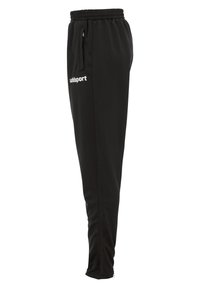 Schwarze Sporthosen mit slim Fit, elastischem Bund, seitlichen Taschen und Reißverschlüssen an den Knöcheln. Mit weißem "uhlsport"-Logo.