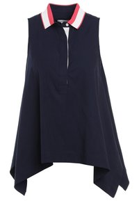 Blusa senza maniche blu navy con colletto a punta, caratterizzata da accenti rosa e bianchi. Vestibilità ampia con orlo arrotondato, realizzata in morbido cotone.