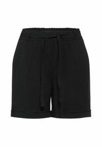 Černé šortky s elastickým pasem a stahovací šňůrkou, hladkým povrchem a ohrnutým lemem. Neformální design vhodný pro každodenní nošení.