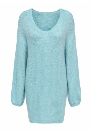 Jasnoniebieski sweter z dzianiny z dekoltem w serek, długimi rękawami i luźnym krojem. Charakteryzuje się fakturowaną tkaniną i nieco oversize'owym fasonem.