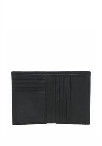 Intérieur de portefeuille en cuir noir avec plusieurs emplacements pour cartes et une texture lisse. Présente une couture simple sans motifs ni accents supplémentaires.