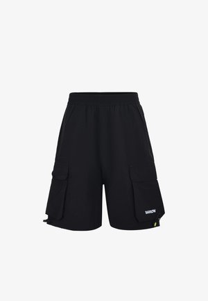 Zwarte cargoshorts met elastische tailleband, grote klepzakken aan beide zijden en kleine witte tekst "BARROW" op de rechterzak.