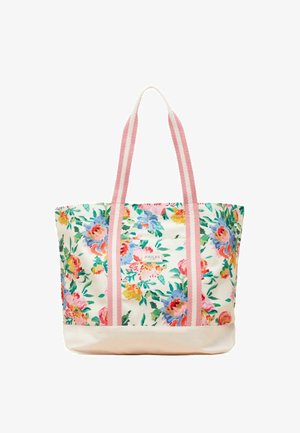 Canvas shopper met kleurrijke bloemenprint, roze-wit gestreepte handvatten en een beige onderpaneel.