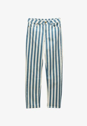 Sinivalkoiset pystysuunnassa raidalliset farkut, joissa on nappikiinnitys, viisi taskua ja suora lahjemalli.