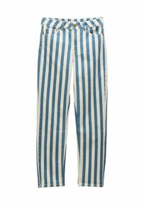 Blå och vita vertikalt randiga jeans i denim med knappstängning, fem fickor och raka ben.