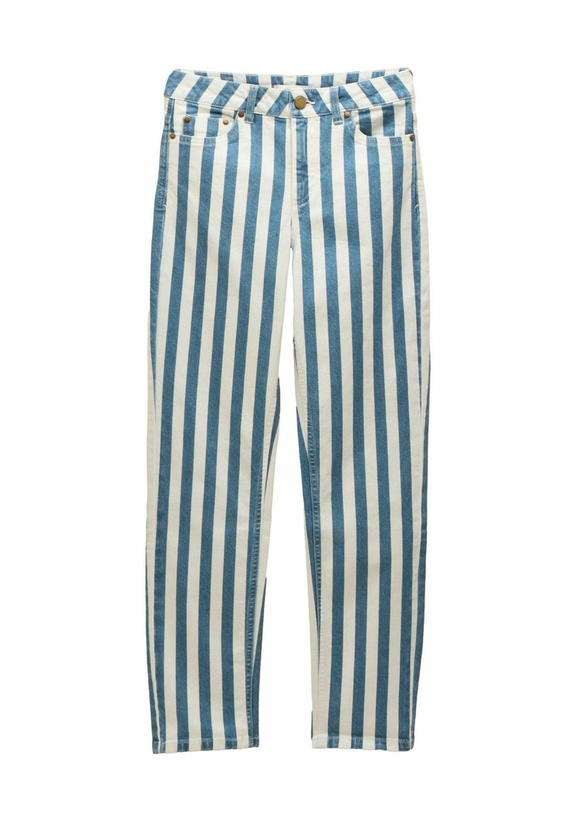 Blå och vita vertikalt randiga jeans i denim med knappstängning, fem fickor och raka ben.